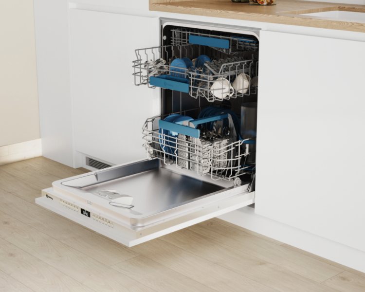 Lavavajillas integrable Balay abierto colocado en una cocina moderna.